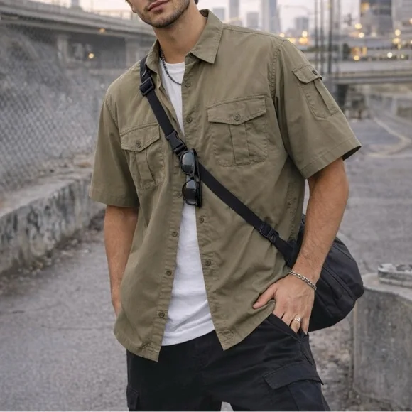 VTG 90’s Y2K Khaki Cargo Military Shirt L Tall Button Up Oversized Streetwear - Picture 1 of 9